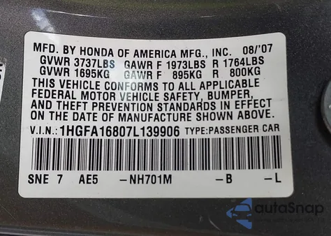 2007 Honda Civic Ex z USA, uszkodzony, nr VIN 1HGFA16807L139906